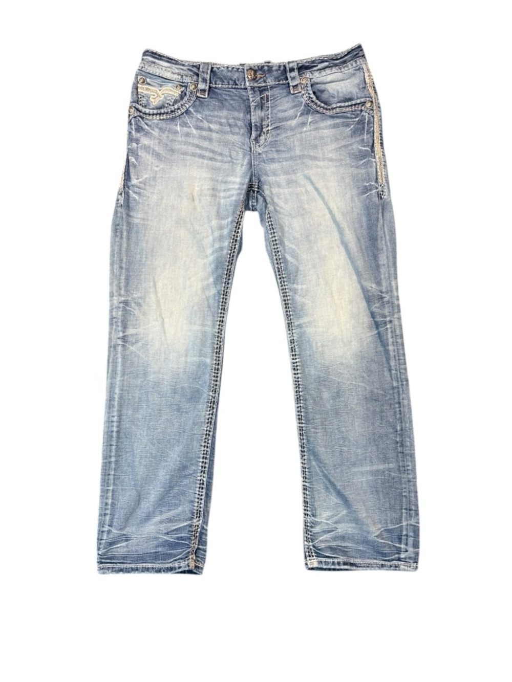 Rock Revival Jeans Men’s 36 Bootcut Distressed Lightwash Embroidered Edgy Y2K - Picture 5 of 14